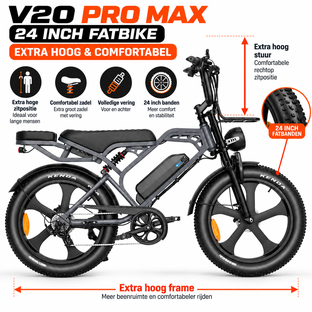 V20 Pro Max Fatbike 2027 – 24 Inch – Extra Hoog –  Vering – Comfort voor Lange Mensen Donker grijs